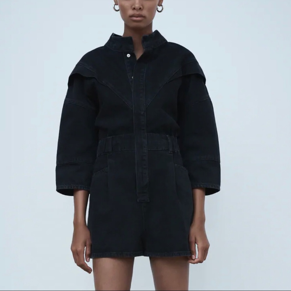 NWT ZARA Black Short Romper Denim Jumpsuit TRF